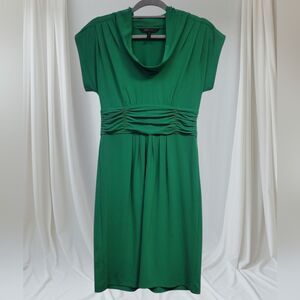 BcbgMaxAzria Green Pleated Sheath Dress with Cowl Neck, Small